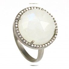 Rainbow moonstone round sterling silver pave setting cz ring